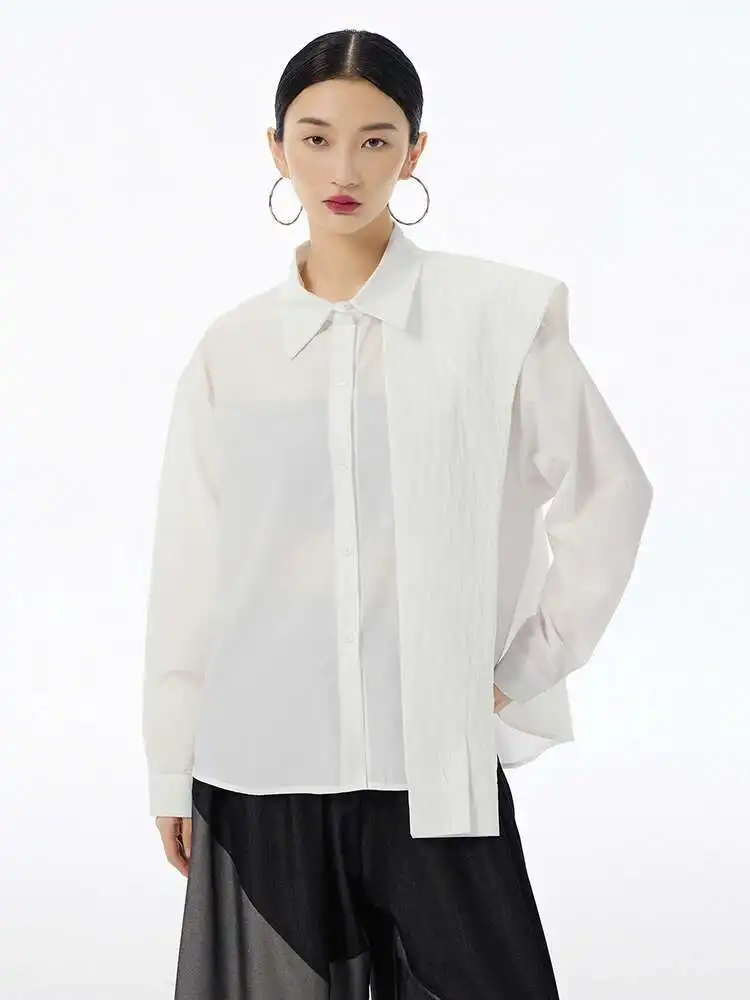 

Women Black Irregular Pleated Spliced Big Size Blouse New Lapel Long Sleeve Shirt Fashion Tide Spring Autumn