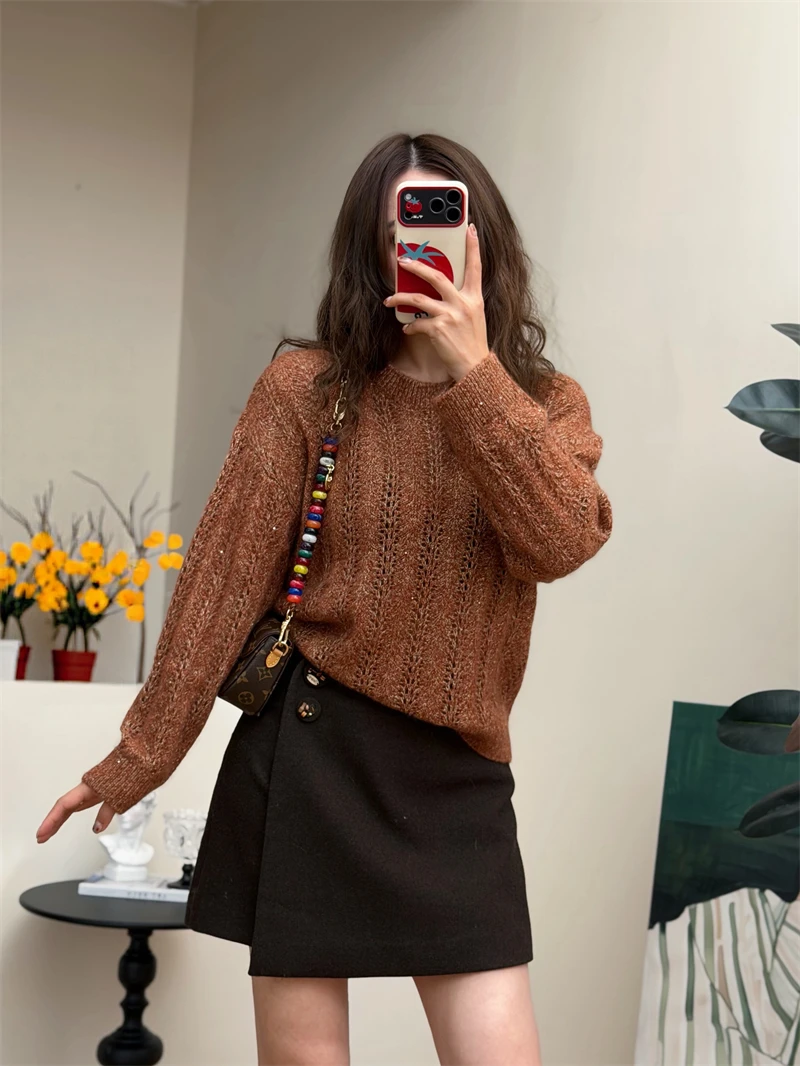 

Thiened Camere Blend Knitted Sweater Women's Autumn Winter Warm Cozy Overhead Woolen Sweater Silver Gold Tead Mixed Silk