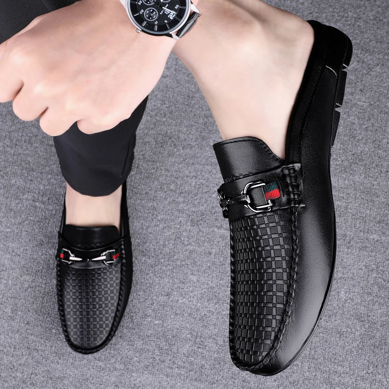 Men\'s Summer Fashion First Layer Cowhide Casual Mules Male Breathable Comfy Trendy Half Loafers Leisure Genuine Leather Sandals