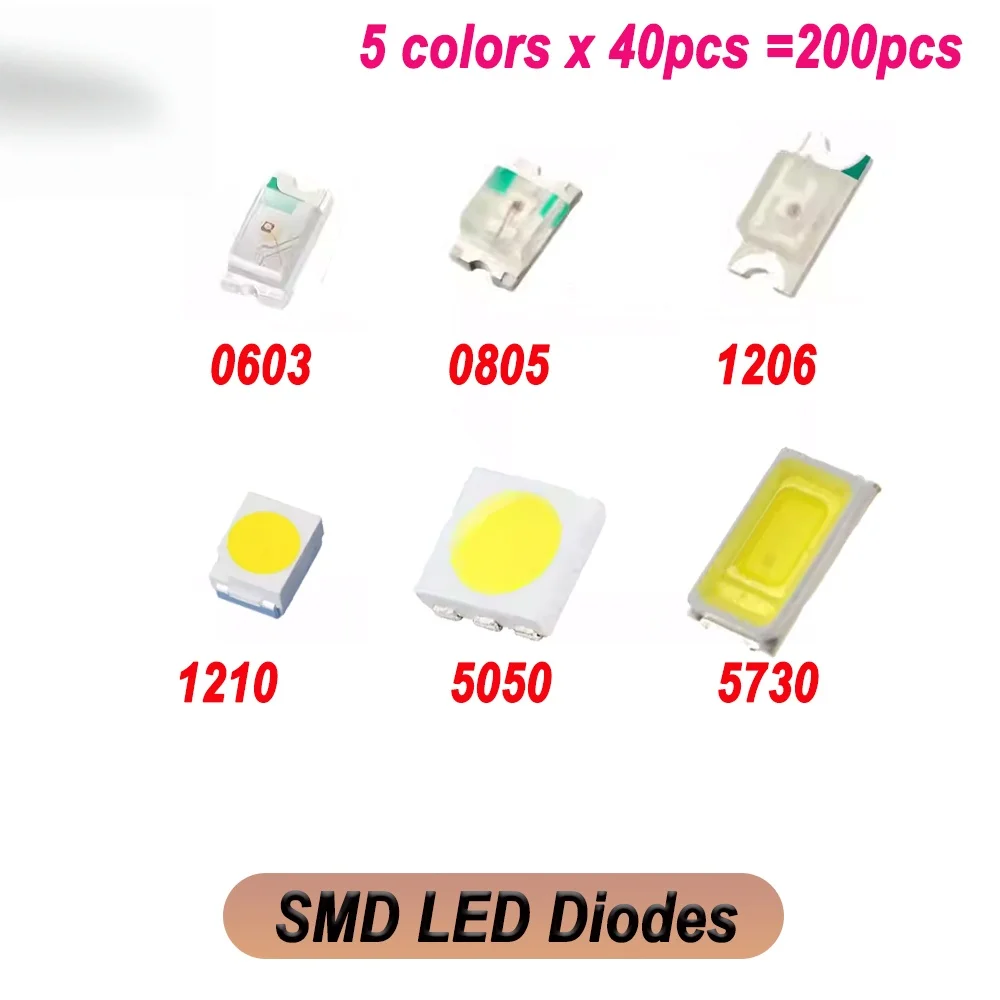200pcs/lote Diodos LED SMD 0603 0805 1206 1210 5050 5730 Kit de Diodos LED SMD de Alta Luminosidade Verde, Vermelho, Branco, Azul, Amarelo