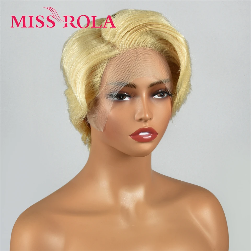 Miss Rola Brazilian Straight Pixie Cut Wigs 13X5X1 Lace Part Human Hair Wigs Remy Side Part Hair Wig Pre Plucked 180% Density