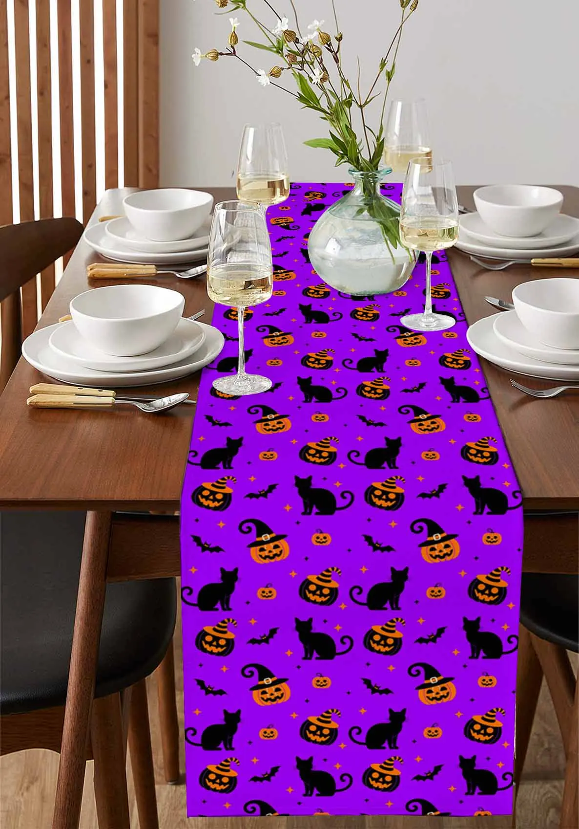 

Purple Halloween Cat Pumpkin Hat Home Decorations Coffee Table Decor Tablecloth Table Kitchen Decorative Table Runner