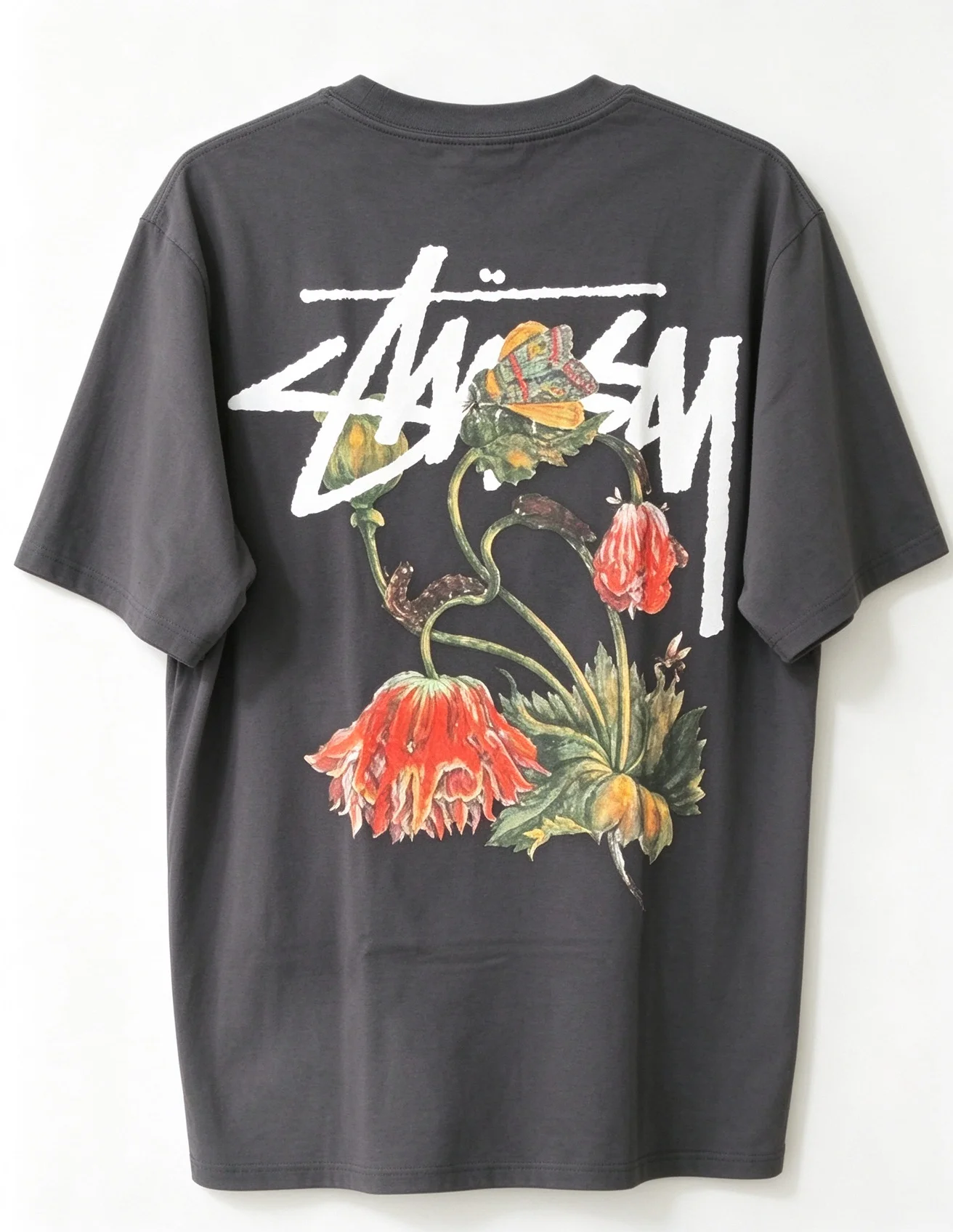 Unisex Crewneck Short Sleeve T-shirt, Vintage Botanical Flower Back Graphic Print Tee, Loose Harajuku Streetwear Casual Tops