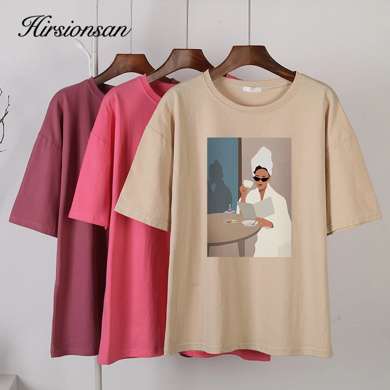 Hirsionsan Summer Vintage Abstract Printed T Shirt Women Harajuku Cotton O-neck Graphic Tee Female Casual Plus Size Pullover Top