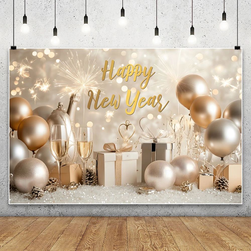 2026 Happy New Year Photography Backdrop Gold Silver Sparkling Balloons Firework Champagne Glass Adult Portrait Photo Background