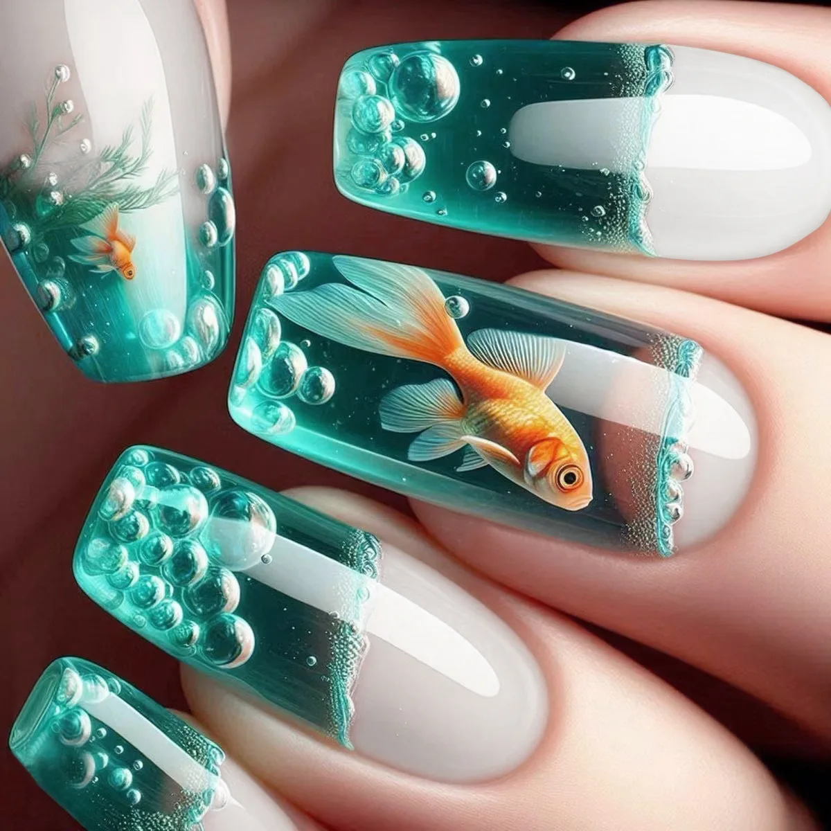 Uñas postizas hechas a mano con forma de pez manicura francesa con prensa acrílica gruesa removedor de Uñas postizas 24 unidades