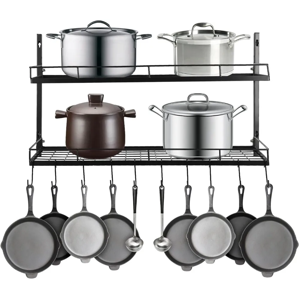 Hanging Pot Rack Wall Mounted Pot Rack 2 Tier Pan Rack Wall Mounted Pot Holders Heavy-Duty Storage and Organization