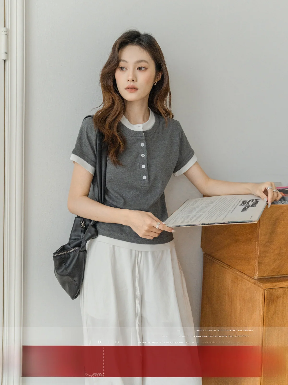 

MoZa ey Patchwork Henry Collar ort Sve T-irt Women's Summer Faion oulder Line irt Korean Sle Casual Wear