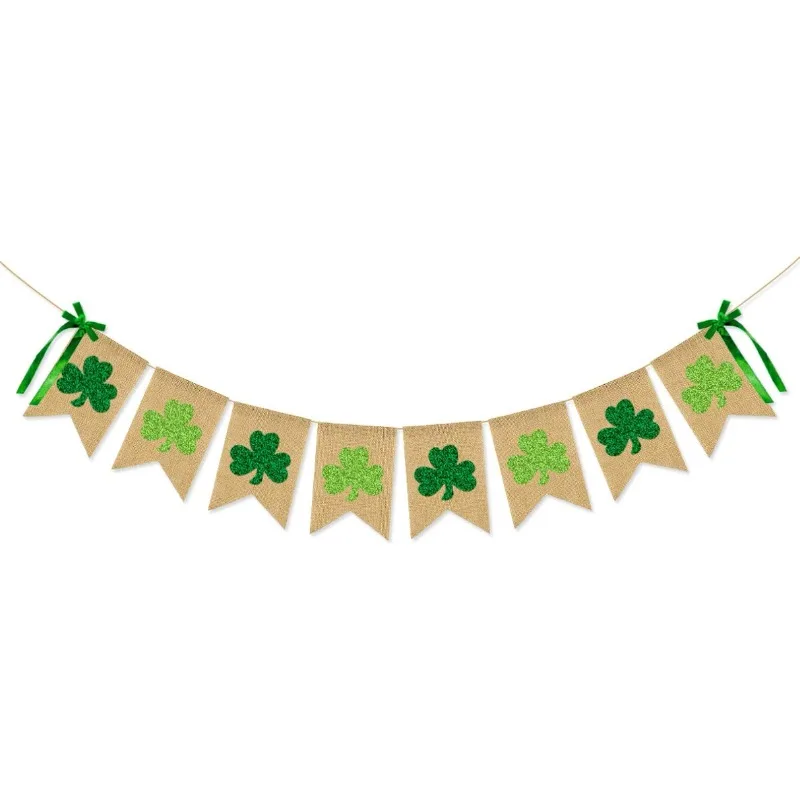 

Glittery Shamrock Burlap Banner St Patricks Day Green Shamrock Clover Banner Garland for Irish Lucky Day Home Outdoor Supplies