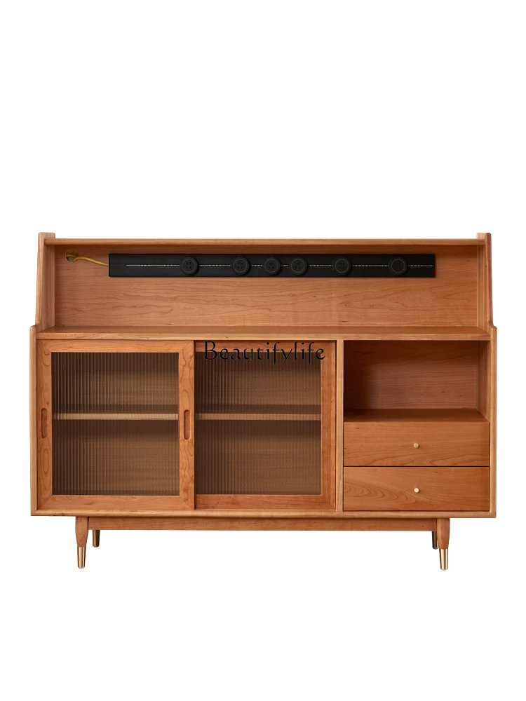 

Solid Wood Sideboard Simple Nordic Cherrywood Coffee Machine Wire-Wrap Board Storage Cabinet