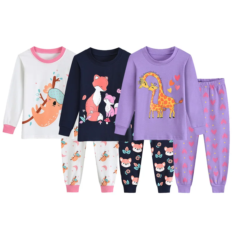 Little Hand Girls Nightwear Pajama Set 2‑7Y Cotton Long Sleeve Top With Elastic Waist Pants Cute Animal Print Home Loungewear