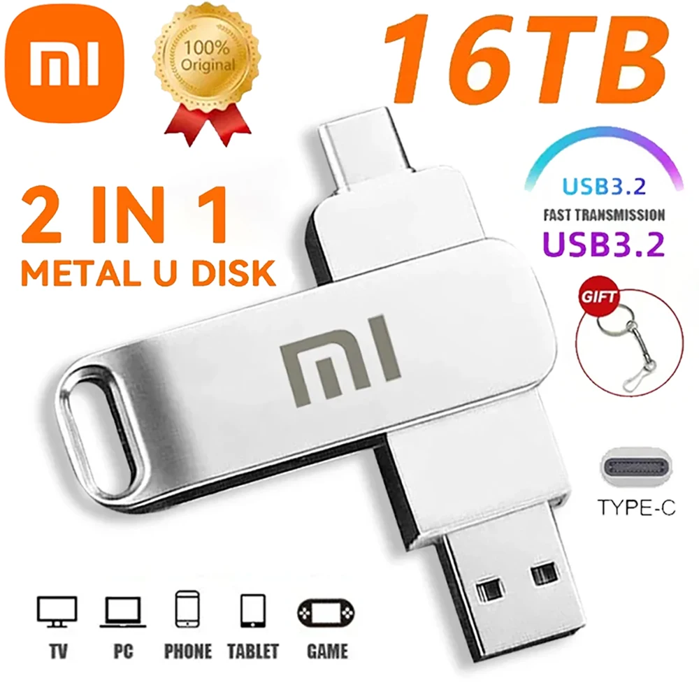 샤오미 고속 전송 USB 3.2 플래시 드라이브, 금속 펜드라이브 메모리, U 디스크, 방수 휴대용 펜 스틱, 16TB