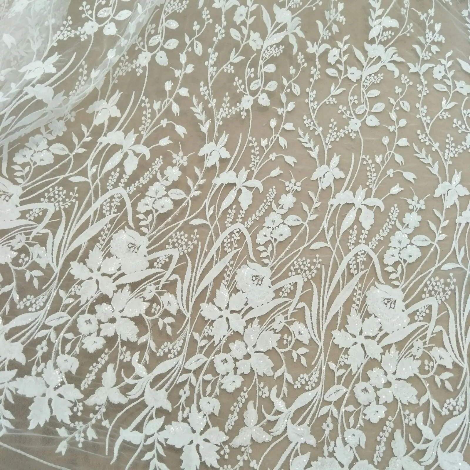 Cute flower wedding gown dress lace fabric sequins 130cm width bridal dress lace fabric