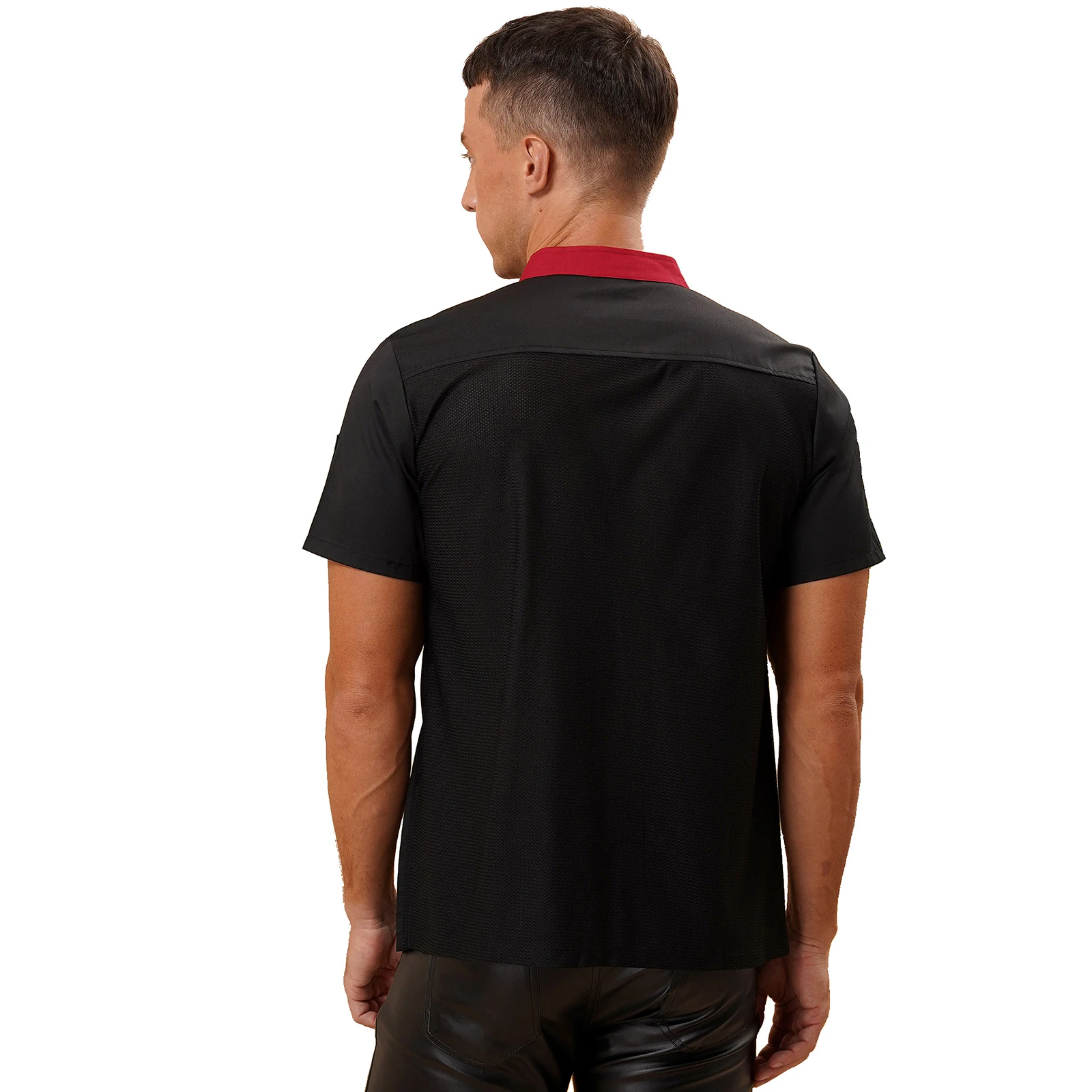 Chemise de chef cuisinier à manches courtes pour hommes, uniforme de travail de cuisine, veste de cuisinier à col montant, chemise de service de cuisine d'hôtel et de restaurant avec poches