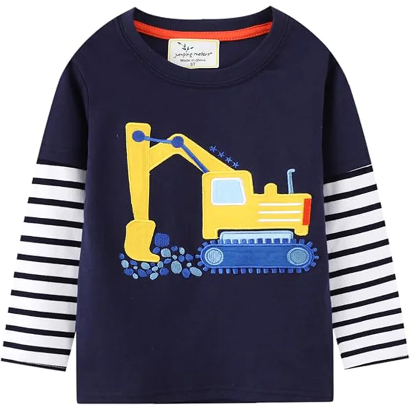 Little Hand Boys Embroidered Graphic Excavator Print Long Sleeve T Shirt Kids Striped Sleeve Tee for 2-7Y
