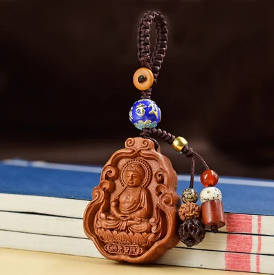 Zodiac natal Buddha peach wood keychain male and female pig dog chicken Amitabha Buddha Guanyin car key pendant