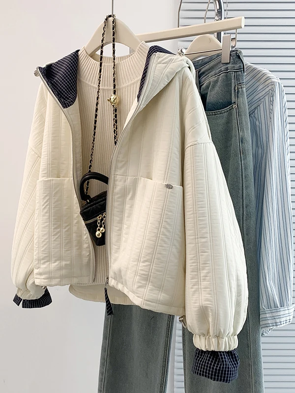 Winter Women's Loose Fit Hooded Plaid Patchwork Quilted Cotton Jacket Long Sleeve Regular Thickness Polyester Fiber