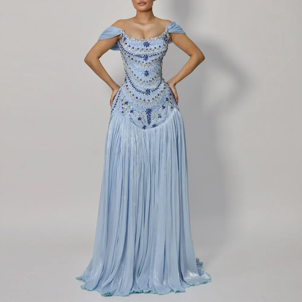 

Customized Beading Embellished Evening Dress 2026 Off the Shoulder Pleat Prom Dress A Line Long Formal Evening Gown