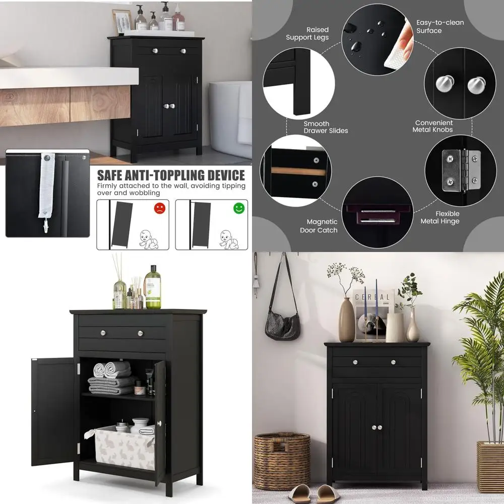 

Modern Black Wooden Cabinet for Bathroom Storage, Adjustable Shelves & Drawer, Suitable for Living Room & Entryway, Easy Assembl