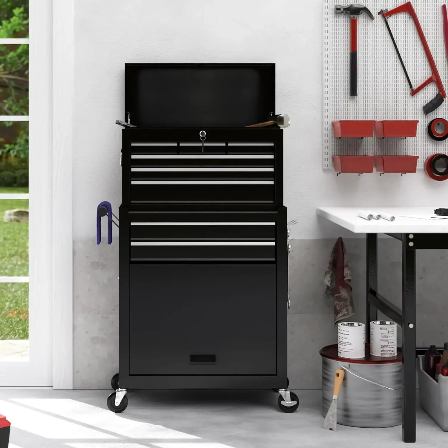 Lemari Alat Penggulung Tugas Berat 8 Laci |   Kabinet Perkakas Logam 2-in-1 yang Dapat Dilepas dengan Laci & Roda yang Dapat Dikunci untuk Bengkel Garasi