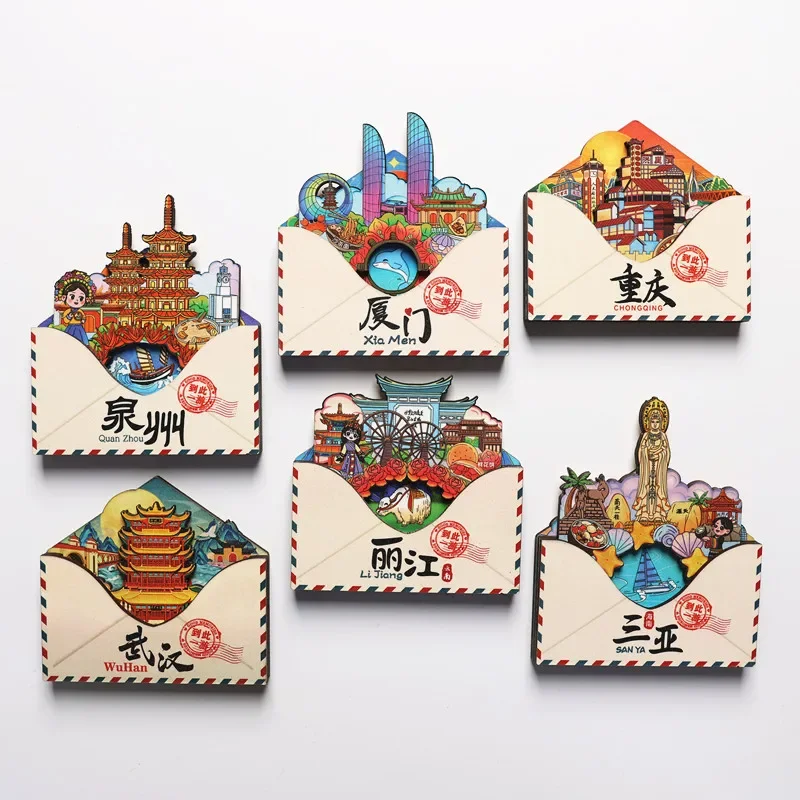 

Envelope-shaped Chinese Cities Refrigerator Magnets Stretchable Home Decor Fridge Sticker China Souvenir Gifts Collection Wooden