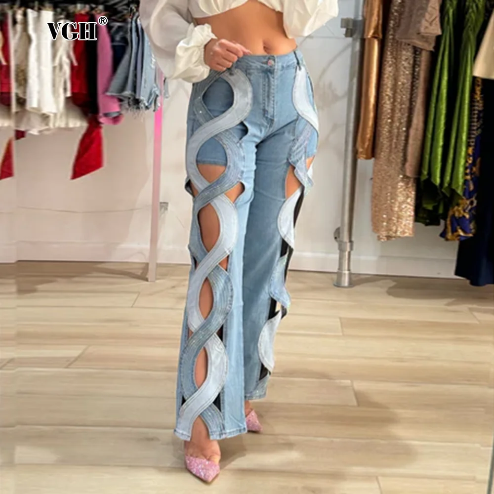 VGH  Crisscross Hit Color Streetwear Denim Trousers For Women High Waist Patchwork Pockets Hollow Out Split Pants Female 2024