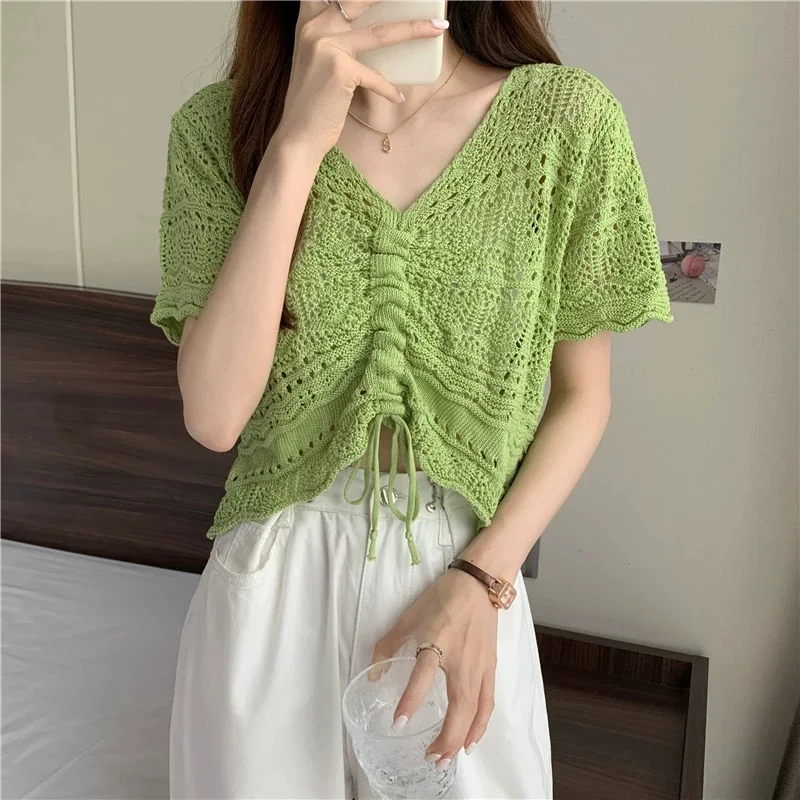 Summer Women Hollow Out Knitted Pullovers Thin V-Neck Drawstring Sweater Ladies Short Sleeve Bottoming Knitwear Short Tops