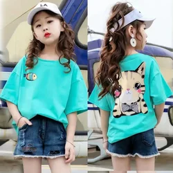 cotton girls short sleeve cat fish print T-shirt summer children clothing Korean  loose half sleeve summer top