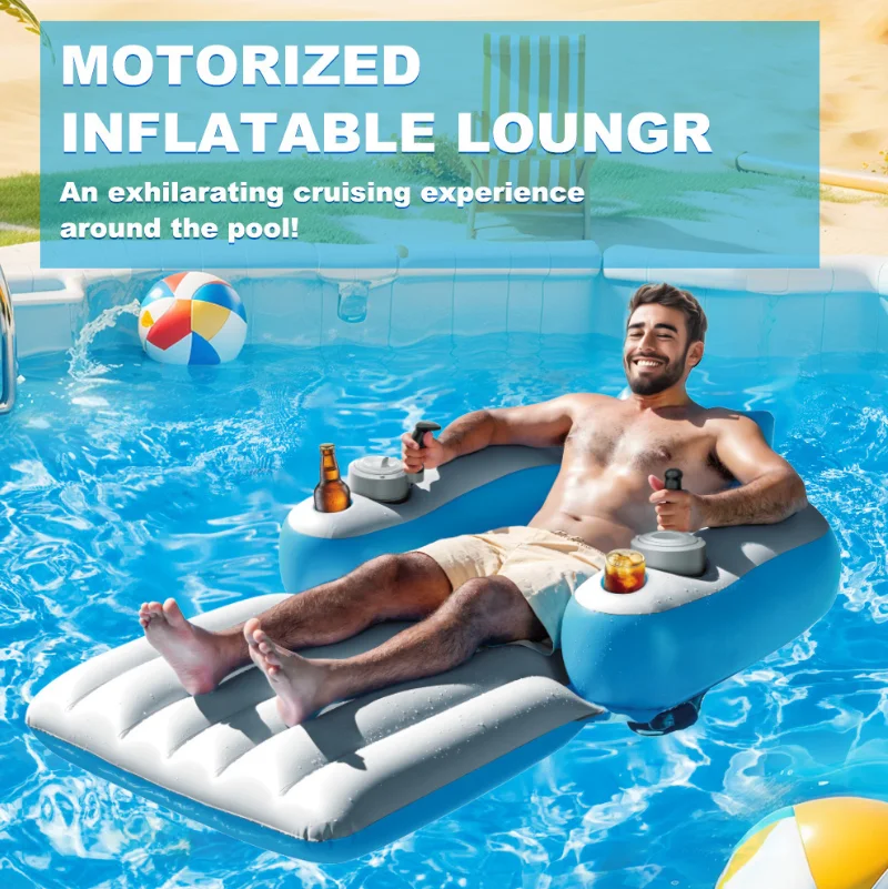 Elektrischer Wasser-Loungesessel für Erwachsene mit Doppelmotoren, wiederaufladbarer aufblasbarer Pool-Motor-Schwimmsessel mit 2 Staufächern, PVC-Sitz