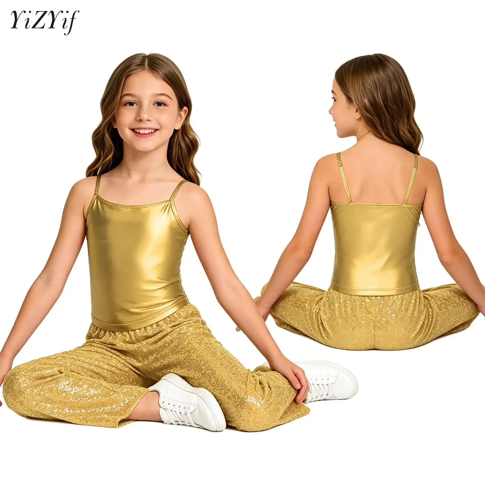 

Children Girls Hip-Hop Jazz Dance Performance Outfits Sleeveless Sparkling Sequins Crop Top Camisole with Metallic Pants Clothes