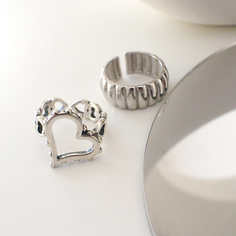 Foxanry Minimalist Silver Color LOVE Heart Rings for Women New Fashion Creative Design Hollow Geometric Handmade Party Jewelry