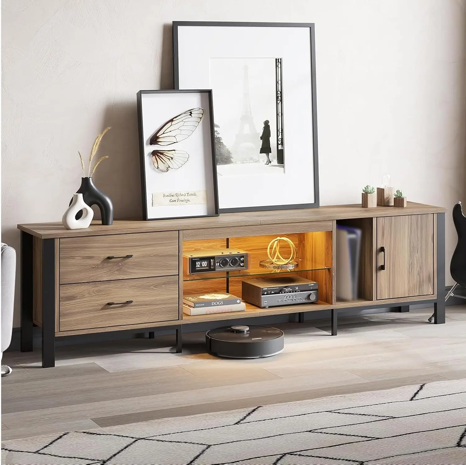 75/85 Inch TV Stand LED Gaming Entertainment Center Glass Shelf Console 2 Drawers & Cabinets Living Room Bedroom, Customized