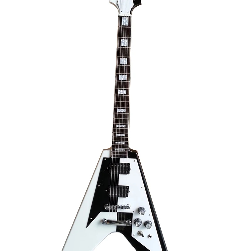 Customization Flying V Black And White Electric Guitar Good Quality Control in stock