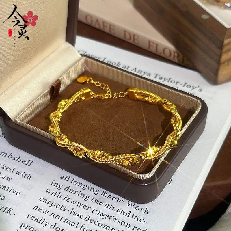 Chinese Style Lucky Wealth Attracting Sand Gold Twisted Shiny Crushed Gold Bracelet Adjustable Bangle For Women Fortune Blessing