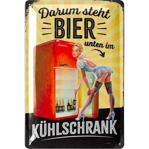 Bier unten im Kühlschrank Blechschild 20x30cm - Schild Dekoschild Metallschild --Tin Sign