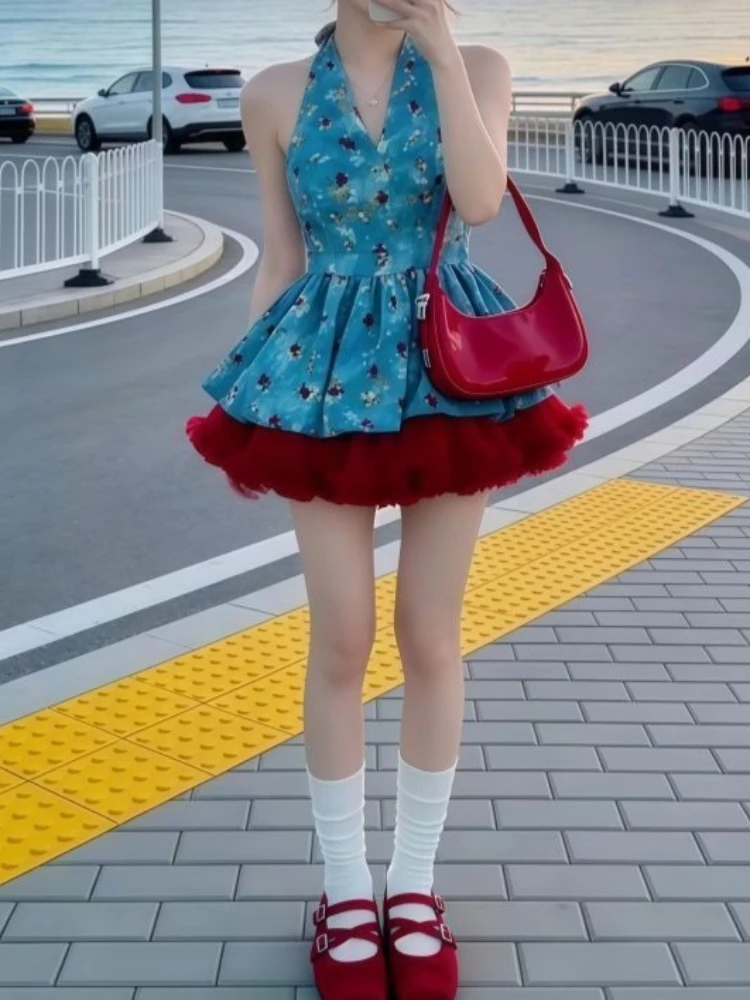 Korean Style Design Sense Sexy Set Halter V-neck Blue Floral Top +  Flared Red Short Skirt Suit Beach Womens Matching Sets 2026