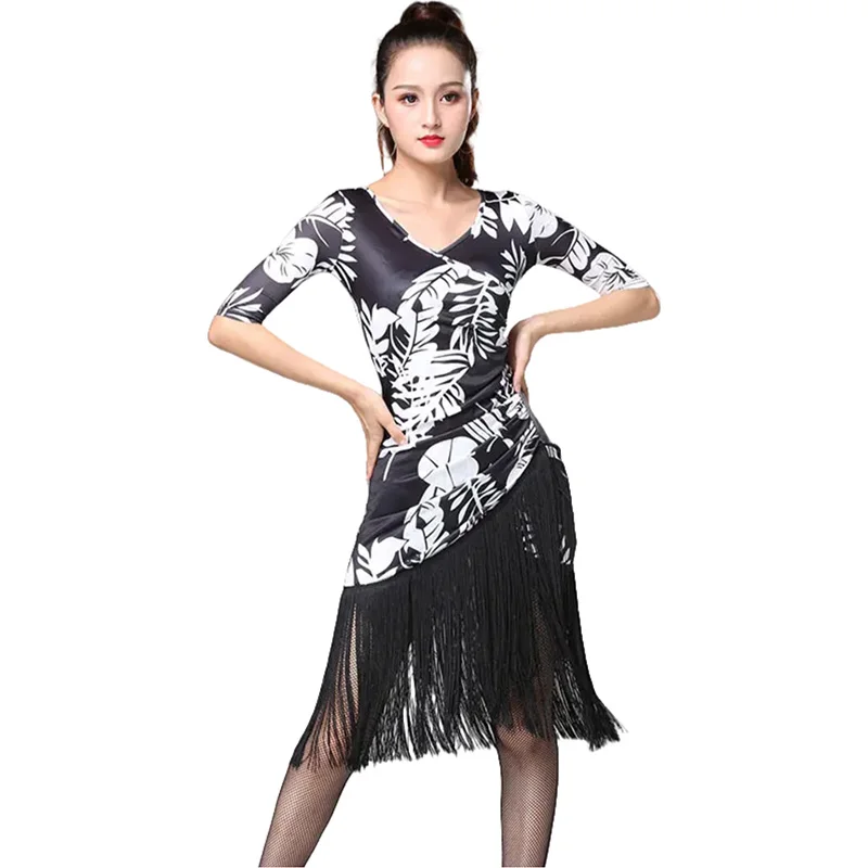 

Mid Long Sleeve Printing Women Latin Dance for Women Training Latin Dresses White Black Ballroom Dress Tassel Tango Rumba Dance