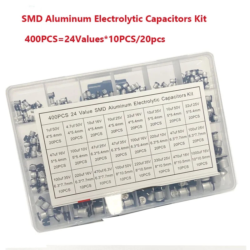 Aluminum Electrolytic Capacitors SMD Assortment Kit  400Pcs 24Value SMD 1uF~1000uF 6.3V-50V  24Value  with box