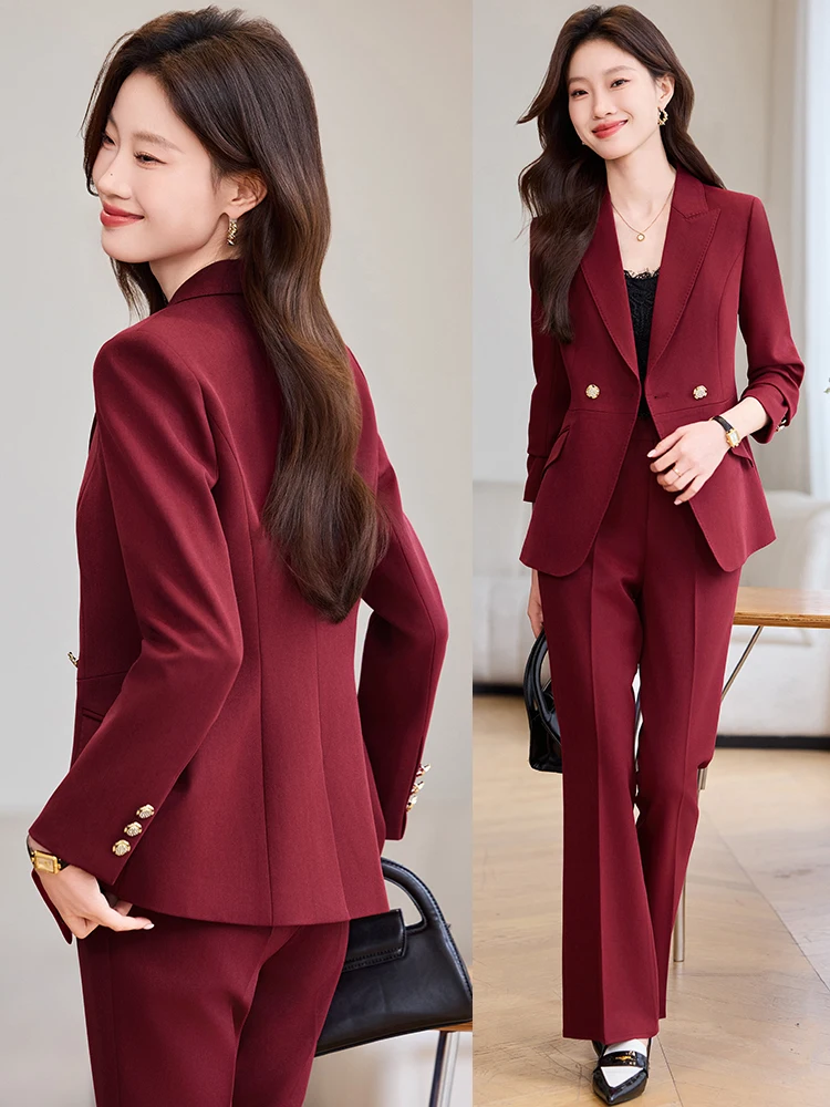 

Костюм-двойка винного цвета для женщин: новая коллекция весна-осень, профессиональный, высококачественный, для ведущих, деловой, приталенный, с пуговицами и карманами, офисный стиль