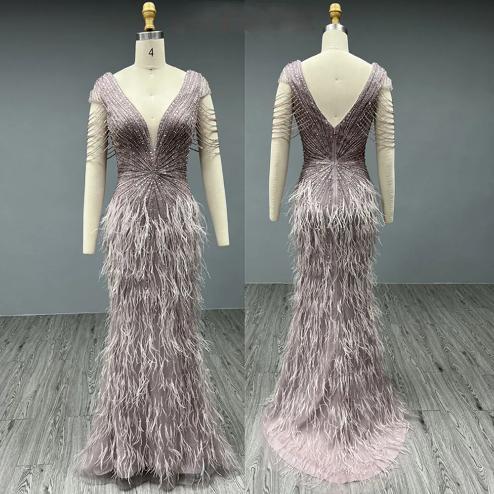 Luxury Feathers Brown Mermaid Evening Dress Sexy V Neck Elegant Long Pink Prom Formal Dresses for Women Wedding Party 