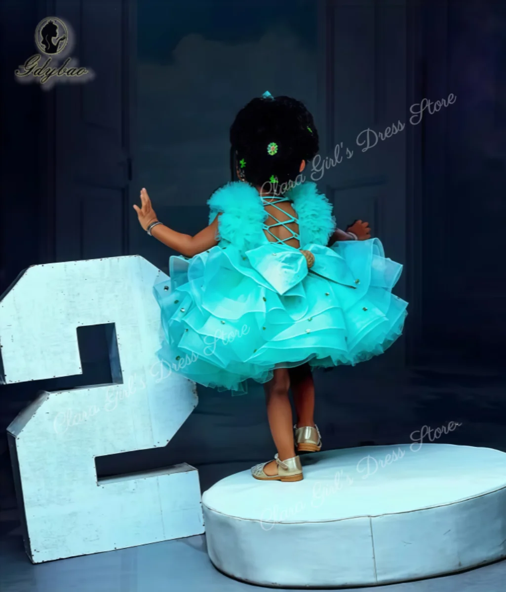 Leuke turquoise kralen meisje verjaardagsfeestje jurk prinses gegolfde bloemenmeisje jurk baby- en kinderavondjurk