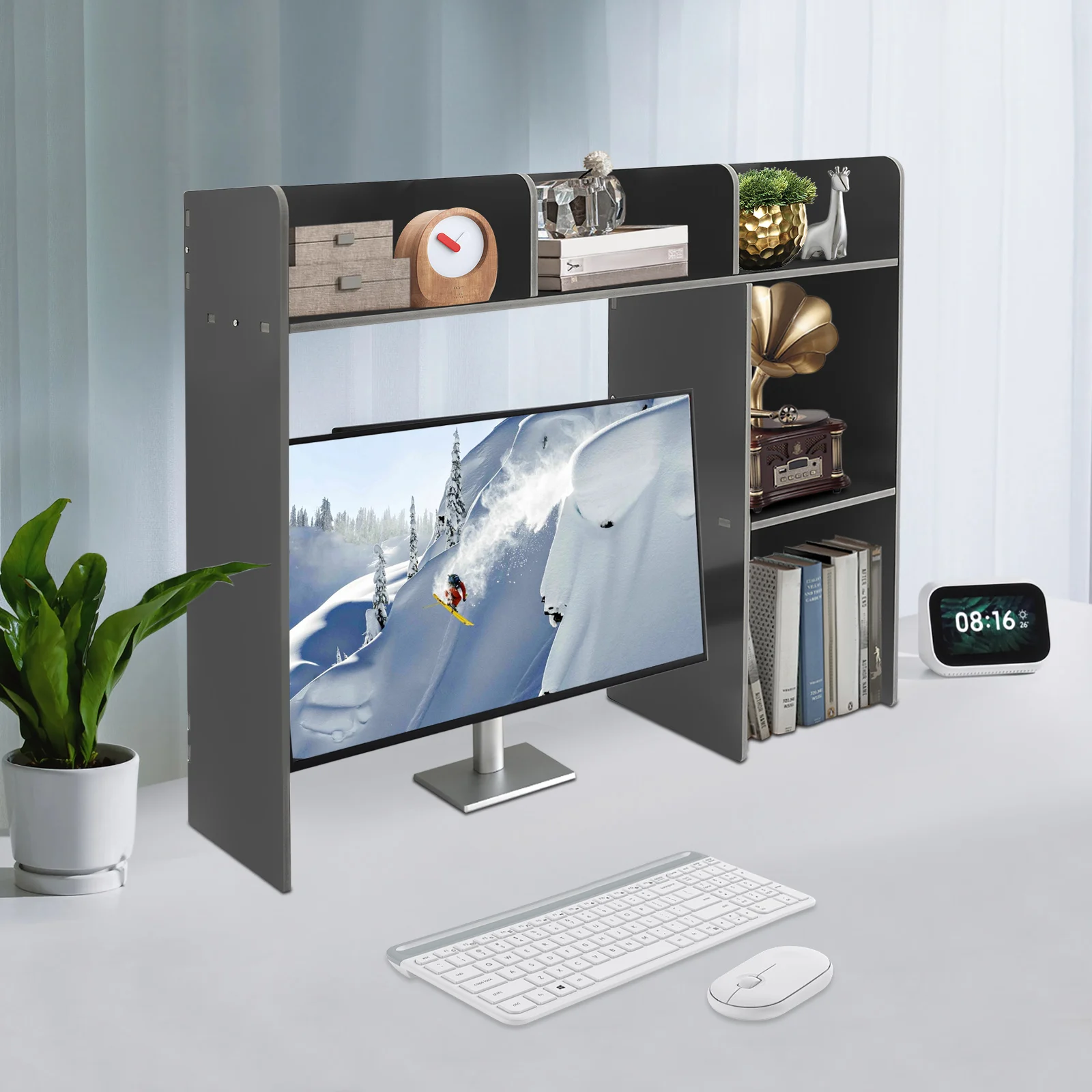 

Современная компактная 3-х уровневая черная настольная книжная полка с 6 отделениями, открытая конструкция, подходит для монитора/компьютера диаметром 23 дюйма, идеальный органайзер