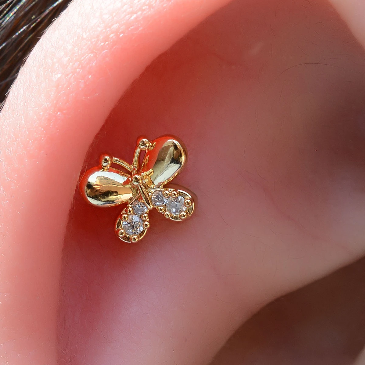 1 Stück 20G Winziger Kristall-Schmetterling Knorpel-Ohrstecker aus Edelstahl mit Zirkonia für Conch, Rook, Tragus, Damen Flachpiercing-Schmuck – Detail 12
