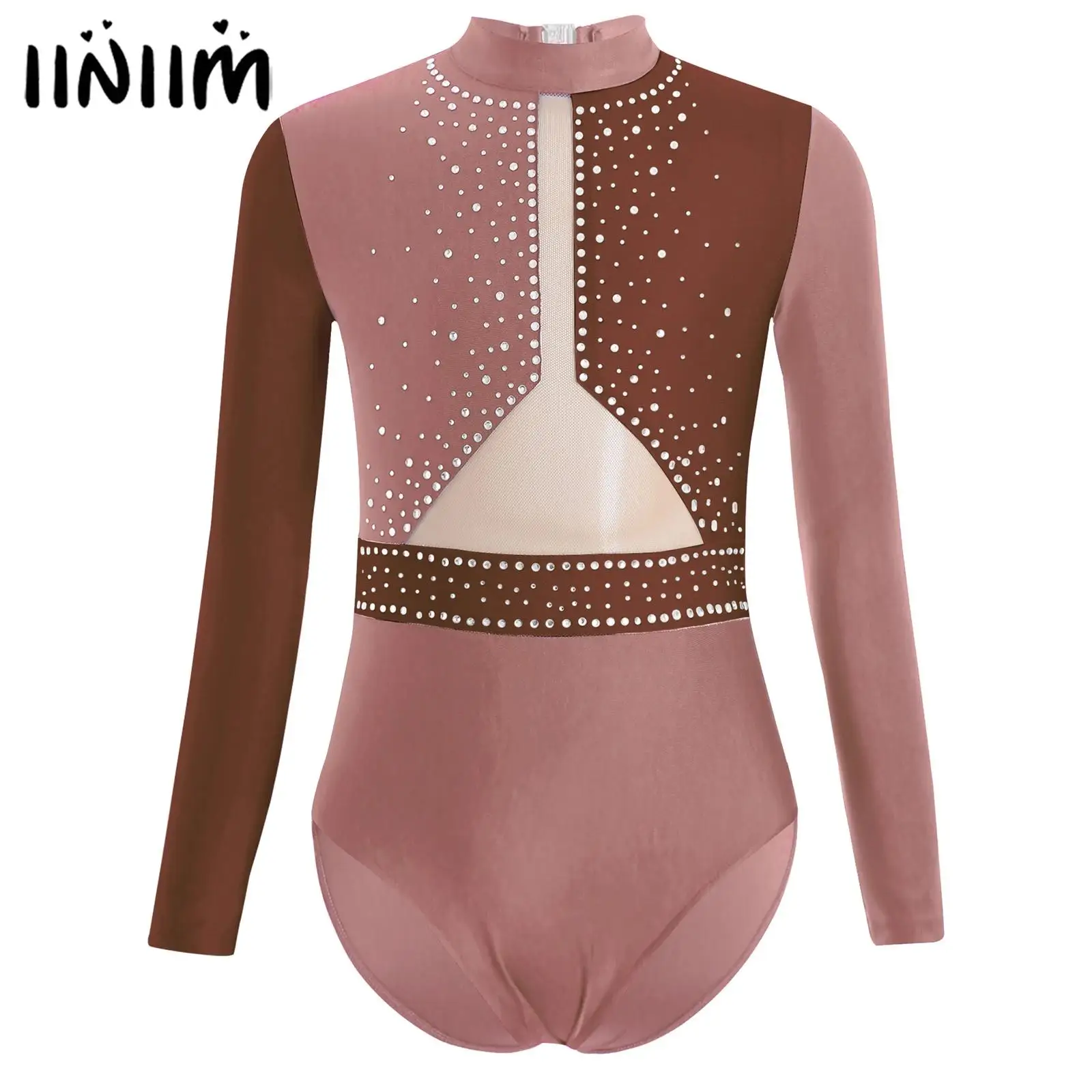 Kids Girls Gymnastics Leotard Sparkly Rhinestones Bodysuit Figure Skating Biketards Unitard Costume Long Sleeve Ballet Leotads