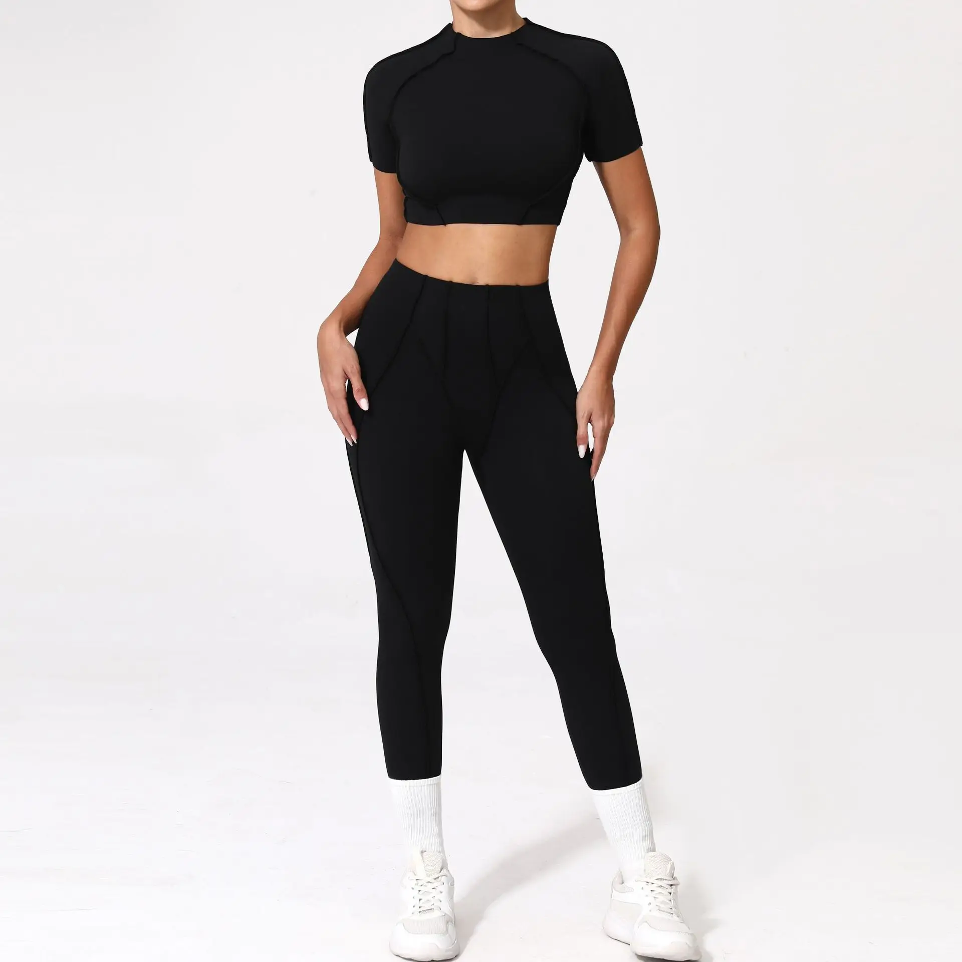 

Seamless Yoga Set Breathable Quick Drying Short Sleeve Tight High-waisted Hip-lifting Trousers Running Sports Fitness Yoga Set