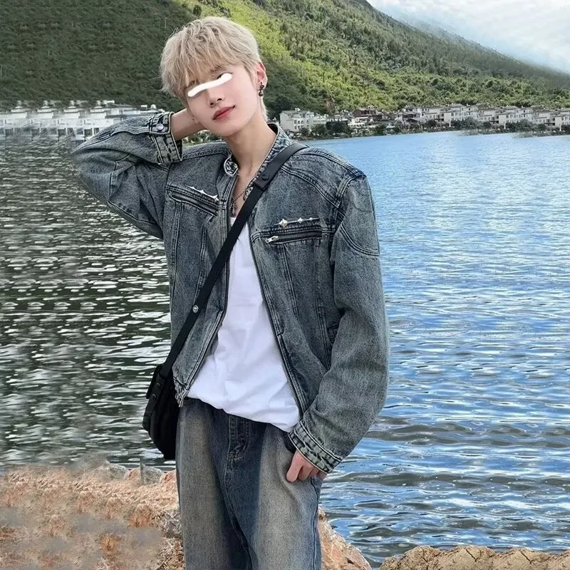 American Vintage Washed Cropped Denim Jacket, Metal Collarless Jacket For Men
