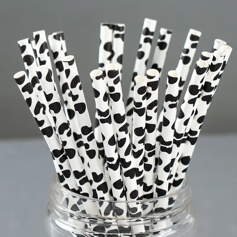 25pcs Black White Cow Pattern Paper Drinking Straw Jungle Farm Theme Party Decor Straws Kids Craft Cow Milk Juice Supplies