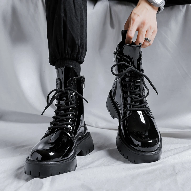 mens fashion stage nightclub dress patent leather boots red green platform shoes cowboy ankle boot spring autumn botas masculina