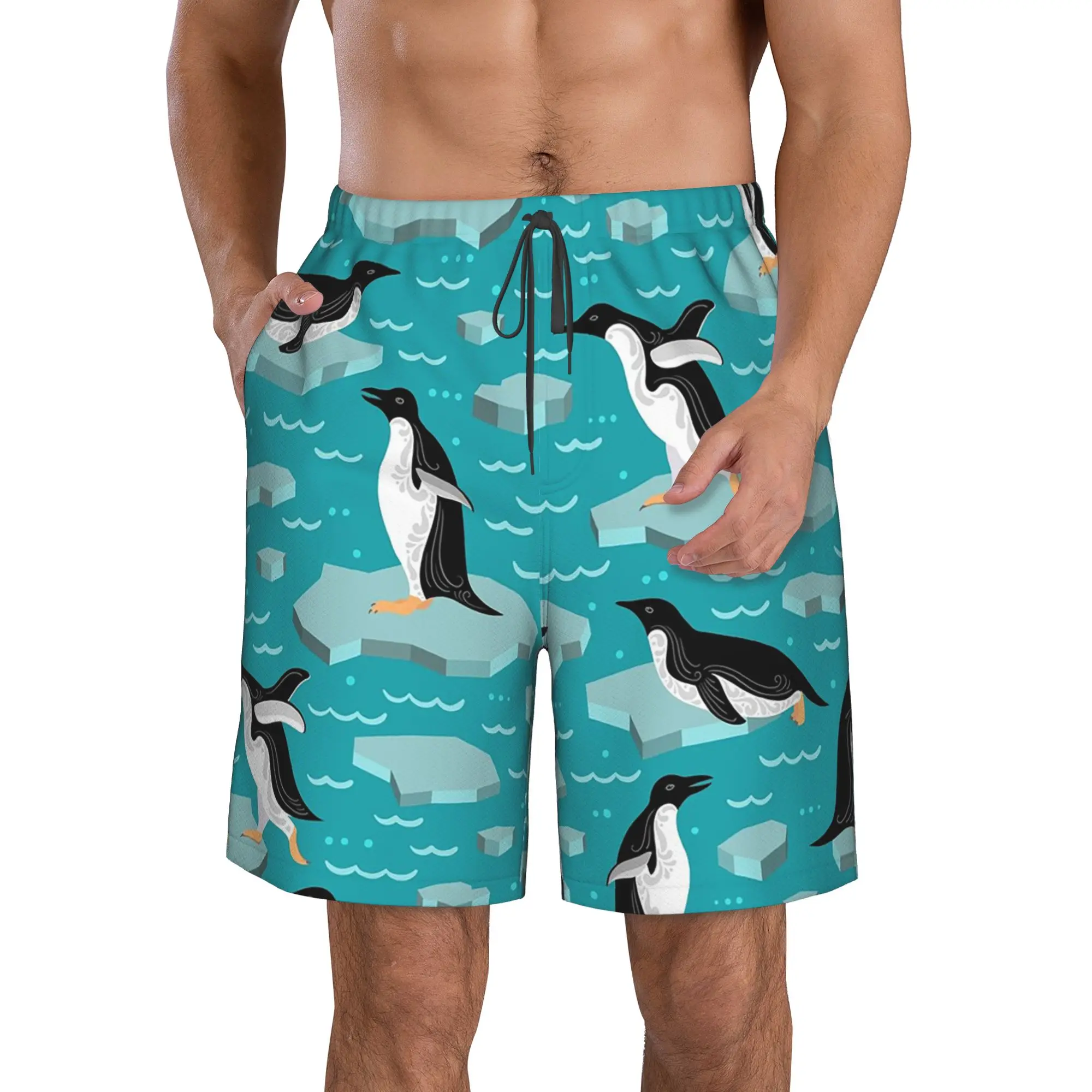 Polar Penguin Ice Surface Penguin Pattern Trunks Beach Board Shorts Casual Quick Dry Swimming Summer Men Pants