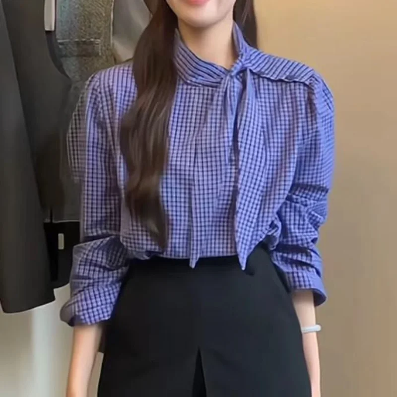 

Design Lace-up Autumn Winter Blue Plaid Dark Blue Top Korean New Style Loose Shirt